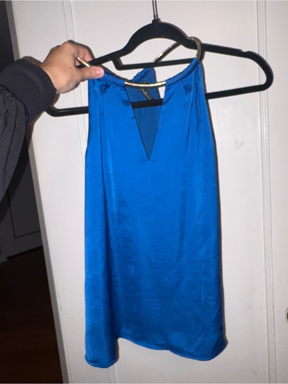 Guess by Marciano Satin Halter Neck Dress in Bright Blue with gold neckline